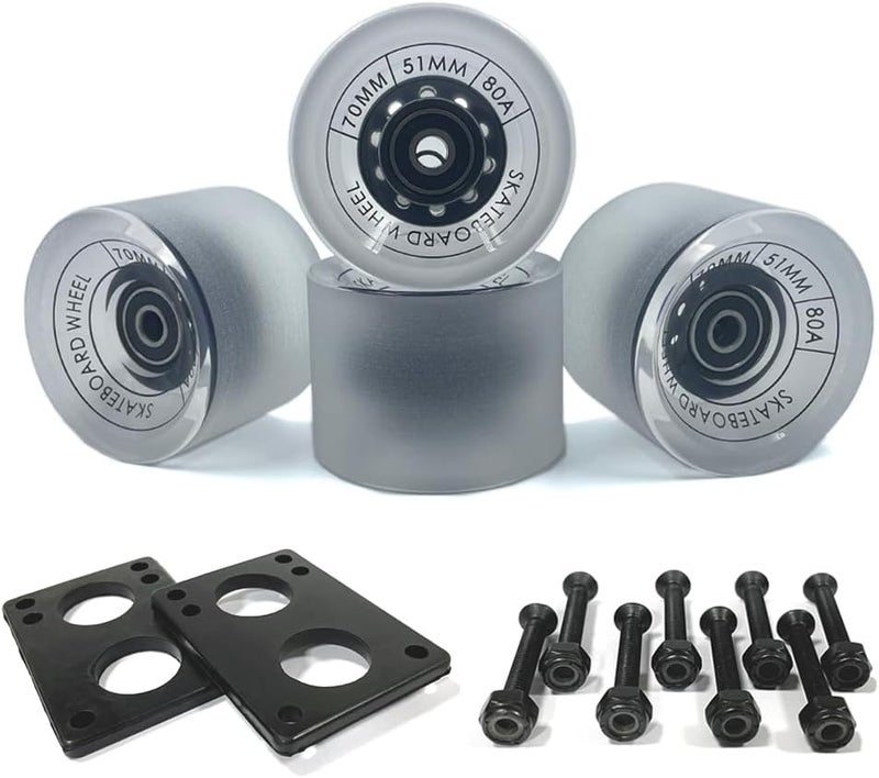 LOOEEL 70mm Longboard Wheels 80A Contains ABEC-9 Bearings and Spacers,Skateboard Riser Pads,Skateboard Hardware Screws Bolts,fit for Your Longboard Skateboards.-Transparent Frosted - Image 1